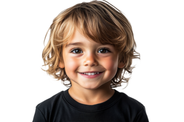 Happy child with curly hair smiling against clear background