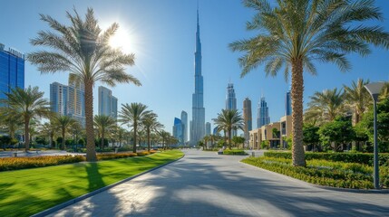 Obraz premium Dubai Skyline Park Pathway Sunny Morning