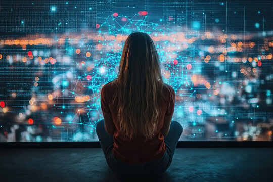 Back view of caucasian woman connecting to animated stream of social media content. Visualization of browsing a big data metaverse with viral videos, social media profiles and online communities. - Powered by Adobe