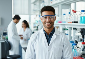 Fototapeta premium Smiling male scientist in a laboratory with colleagues working in the background
