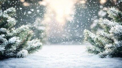 Snowy Landscape with Evergreen Trees and Falling Snowflakes