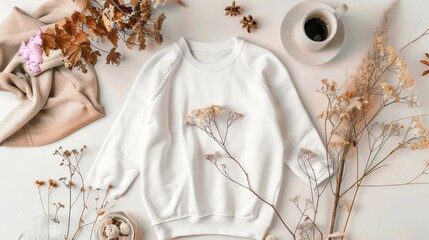 Cozy White Sweatshirt on Neutral Background with Rustic Decor