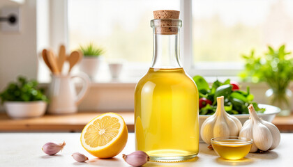 Lemon garlic dressing in bright kitchen setting, culinary freshness