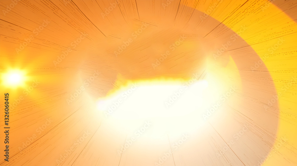 Poster bright sunlight with a lens flare effect, creating a warm and intense glow with radial lines against