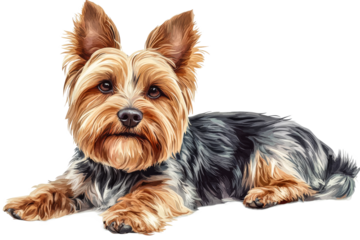Yorkie resting on a surface with a transparent background