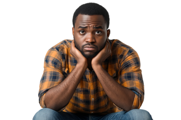 Young man expressing concern with thoughtful pose