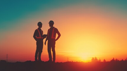 Two Construction Workers Discussing Project Plans Against a Beautiful Sunset Background at a Construction Site