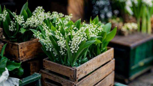 brins de muguet pr&eacute;sent&eacute;s dans des caisses en bois chez un fleuriste
