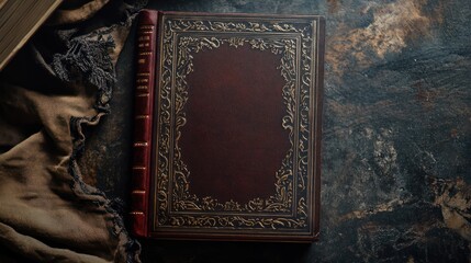 Fototapeta premium Antique book on dark surface, ornate cover, vintage feel, aesthetic