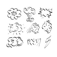 Collection of hand drawn explosions. Scribble sketch style explosions. Simple line doodle drawings. Vector illustrations.