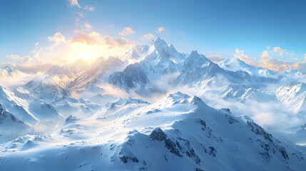 Digital Painting of Majestic Snow-Covered Mountains at Sunrise,  a Breathtaking Winter Landscape with Clouds and Peaks Illuminated by Golden Light, Creating a Serene and Picturesque View.