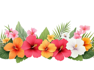 isolated transparent Background. Vibrant tropical flower border featuring hibiscus and orchids, perfect for summer designs