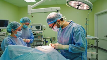 Medical professionals focus intently while conducting a surgical procedure in a well-equipped operating room, showcasing teamwork and precision during the operation