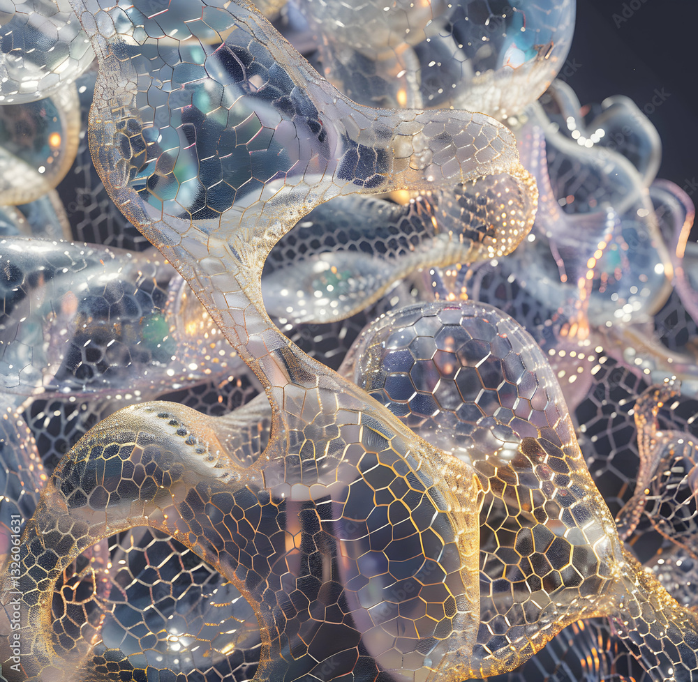 Poster a mesmerizing abstract composition of interconnected organic forms with a delicate transparent textu