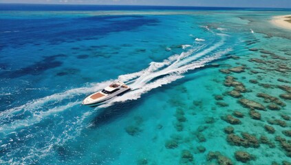 Naklejka premium A sleek yacht glides across vibrant turquoise waters, creating white waves as it navigates around coral reefs in a stunning tropical location. The sunny day enhances the colors