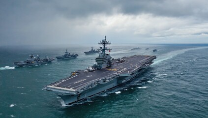 An aircraft carrier leads a naval fleet through choppy waters during a cloudy day. Destroyers follow in careful alignment as they conduct coordinated maneuvers at sea
