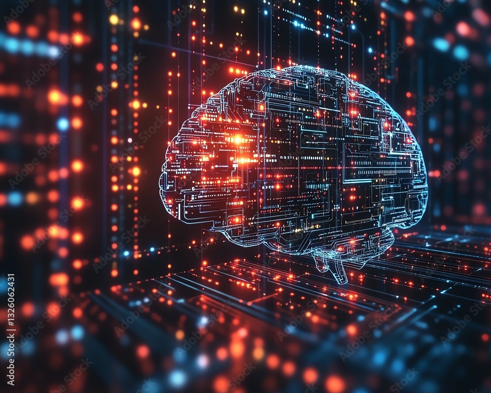 Aufkleber Futuristic brain hologram with flowing data lines, digital connections, and data visualization on a techdriven background, showcasing AIpowered technology in 3D
