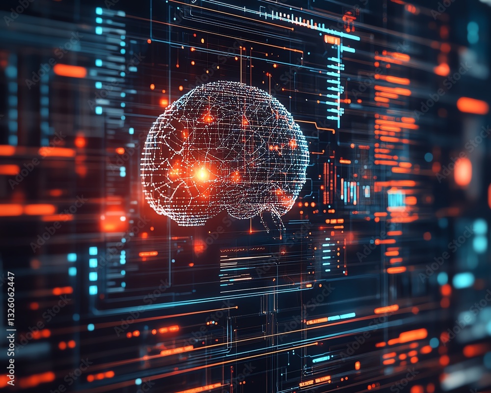 Poster Futuristic brain hologram with flowing data lines, digital connections, and data visualization on a techdriven background, showcasing AIpowered technology in 3D