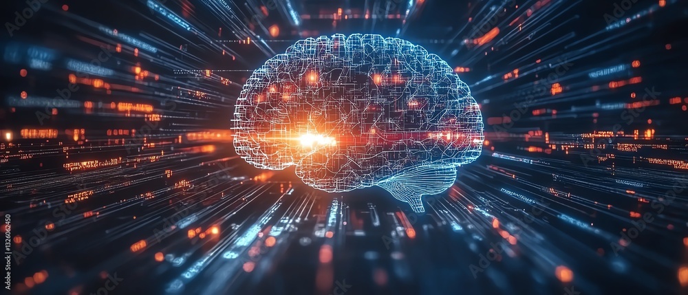 Aufkleber Futuristic digital brain hologram with glowing data streams and intricate visualizations on a techinspired background, symbolizing AI and machine learning advancements