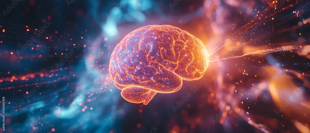Aufkleber Futuristic digital brain hologram with glowing data streams and intricate visualizations on a techinspired background, symbolizing AI and machine learning advancements