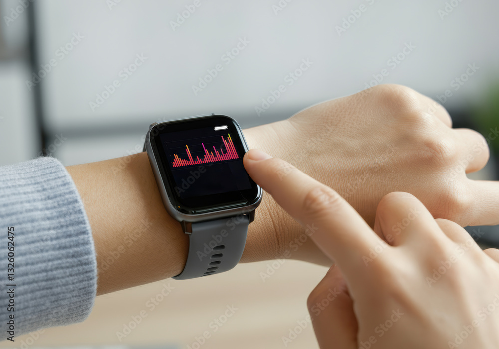 Poster smartwatch displaying health data with a finger tapping the screen