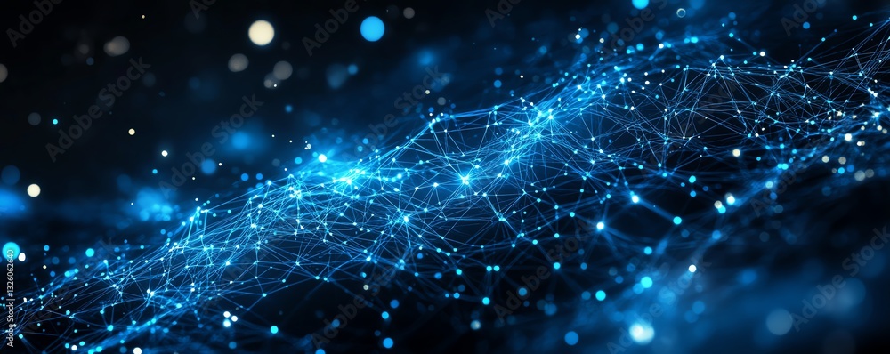 Poster Hightech 5G network concept with luminous blue text, connected digital lines, and a futuristic dark backdrop, emphasizing seamless communication and fast data transfer