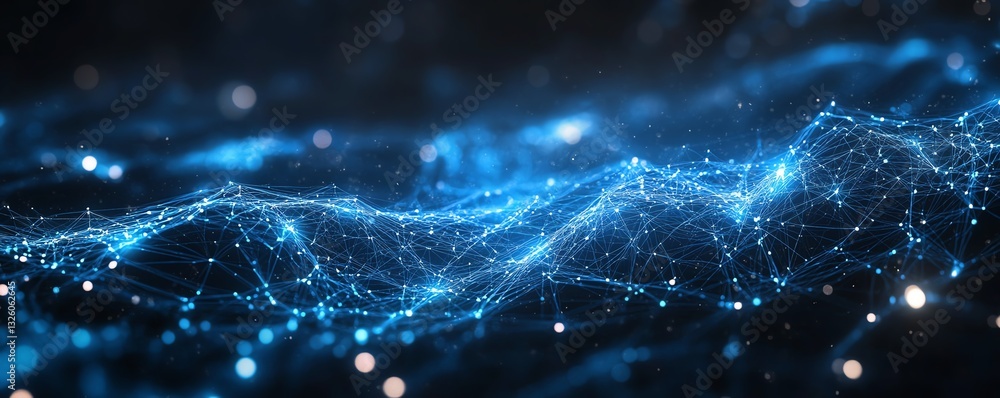 Poster Hightech 5G network concept with luminous blue text, connected digital lines, and a futuristic dark backdrop, emphasizing seamless communication and fast data transfer