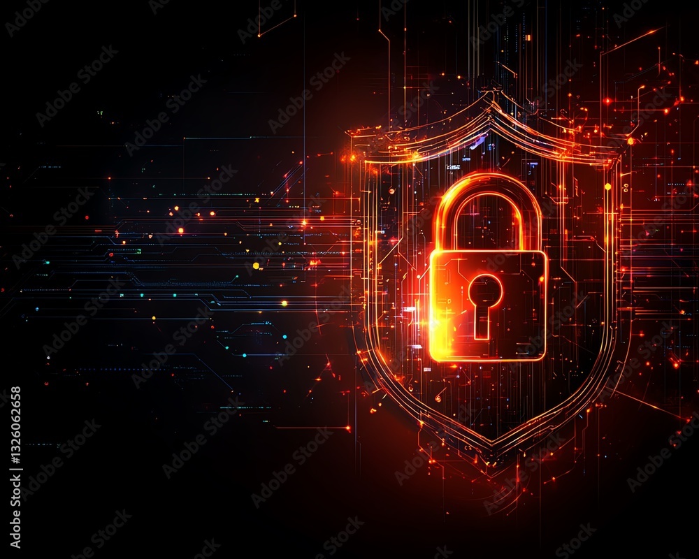 Poster Information privacy and data security with a glowing digital padlock embedded in a protective shield, set against a dark abstract background with digital circuits