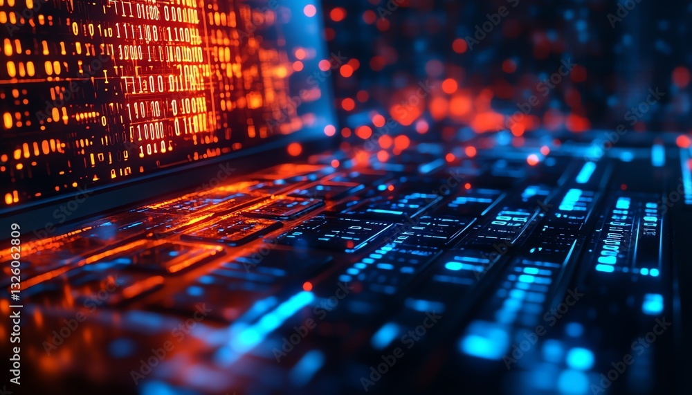 Aufkleber office desktop closeup with a laptop, glowing ai hologram, and binary code on a blurred background, 