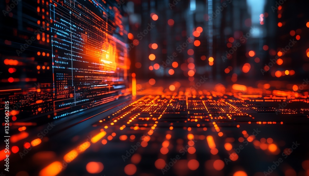 Poster Office desktop closeup with a laptop, glowing AI hologram, and binary code on a blurred background, showcasing technology, artificial intelligence, and digital programming