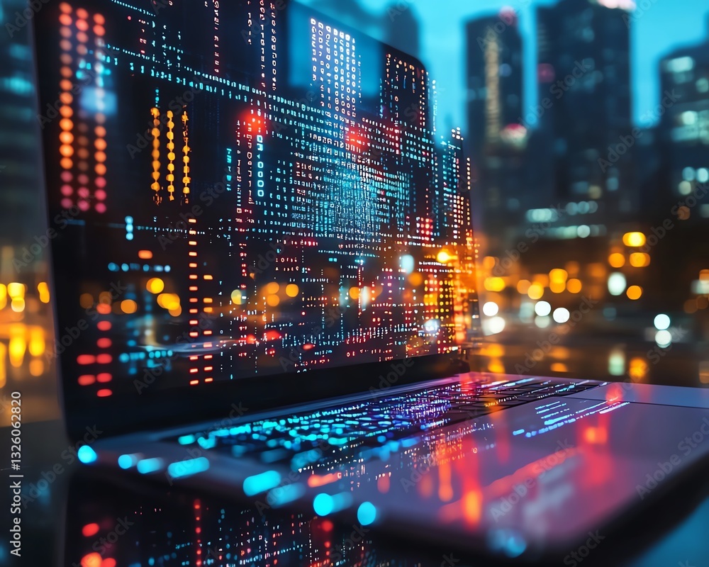 Poster Office desk closeup with laptop, glowing AI hologram, and binary coding overlay on a blurry background, double exposure representing AI, technology, and programming