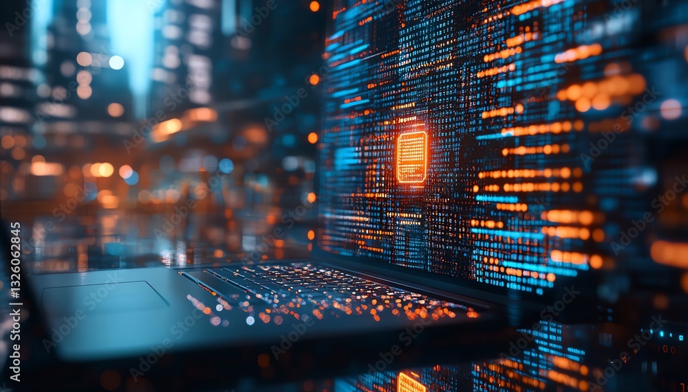 Poster Office desktop closeup with a laptop, glowing AI hologram, and binary code on a blurred background, showcasing technology, artificial intelligence, and digital programming