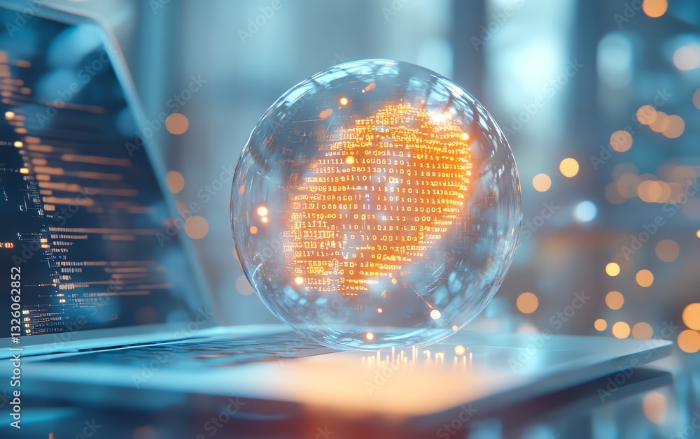 Leinwandbilder office desktop closeup with a laptop, glowing ai hologram, and binary code on a blurred background, 