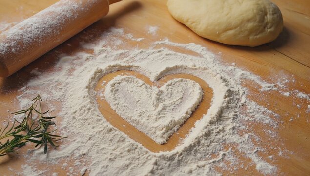 Flour is scattered on a wooden table, with a heart shape drawn in it. A rolling pin and a ball of dough sit nearby, creating a warm kitchen atmosphere