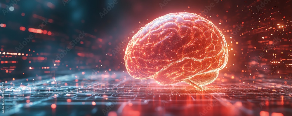 Aufkleber 3D futuristic brain hologram with advanced data visualization and glowing digital streams, set on a technologythemed background, representing AI neural networks