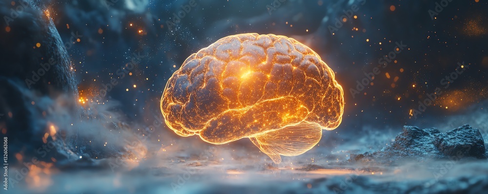 Leinwandbilder 3D futuristic brain hologram with advanced data visualization and glowing digital streams, set on a technologythemed background, representing AI neural networks