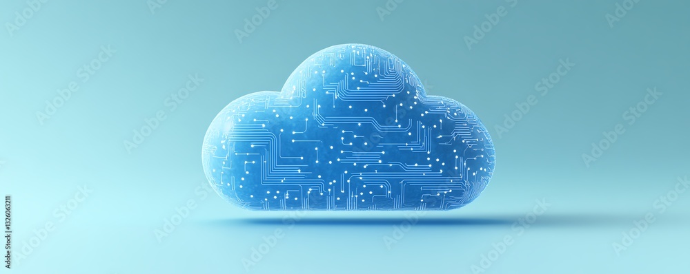 Poster 3D rendered blue cloud computing icon with circuit patterns, placed on a light blue background, symbolizing digital infrastructure and networked technology