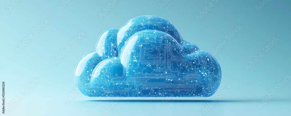 Poster 3D rendered blue cloud computing icon with circuit patterns, placed on a light blue background, symbolizing digital infrastructure and networked technology