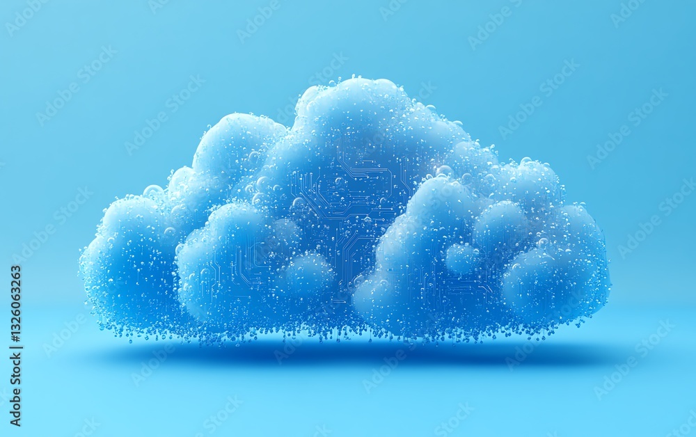 Poster 3D rendered blue cloud computing icon with integrated circuit design, set against a light blue background, representing cloud technology and data processing