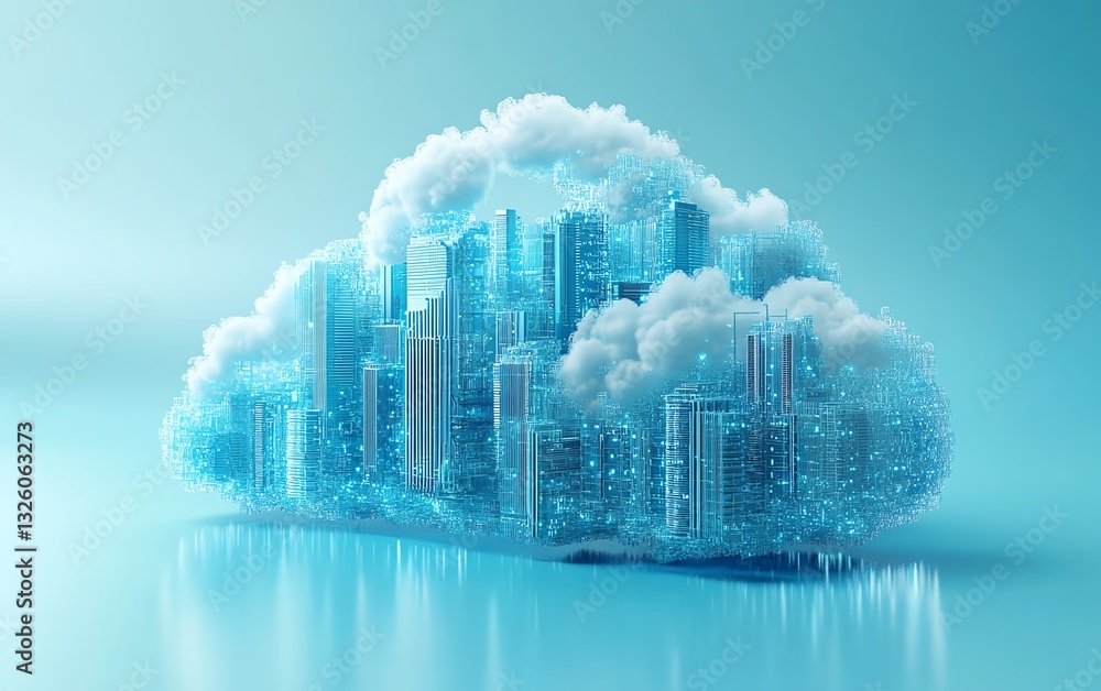 Poster 3D rendered blue cloud computing icon with integrated circuit design, set against a light blue background, representing cloud technology and data processing