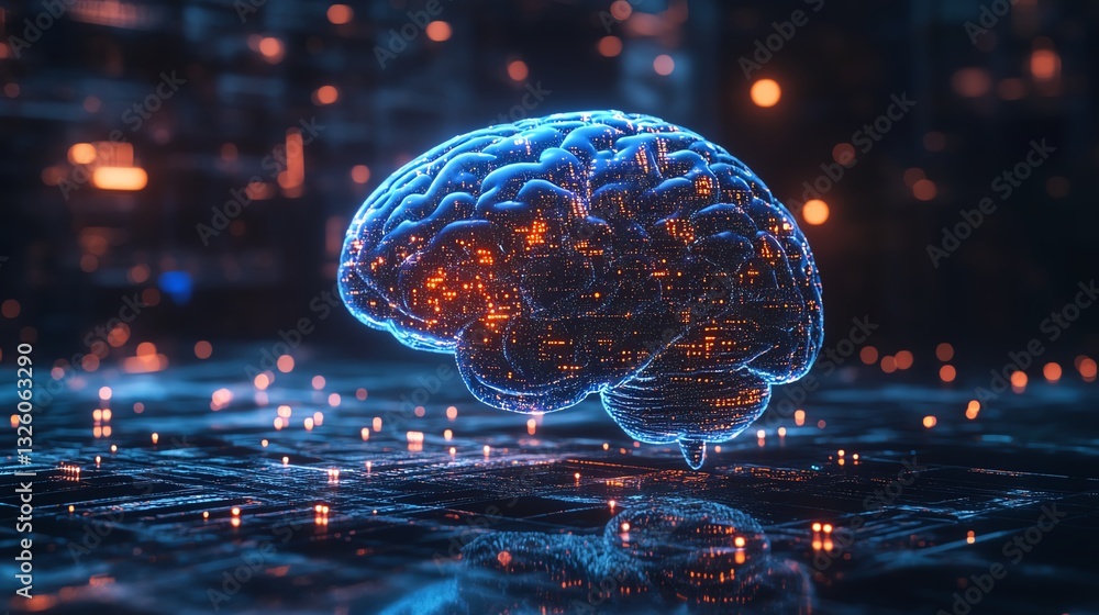 Poster 3D rendered hologram of a brain with dynamic data visualization, set against a futuristic technology background, highlighting artificial intelligence and neural connectivity