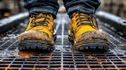 Worker in Yellow Boots Standing on Rusty Grate