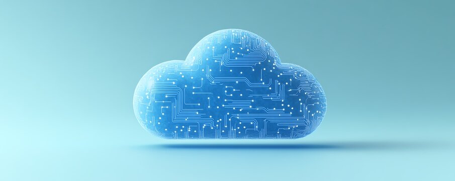 3D rendered blue cloud computing icon with circuit patterns, placed on a light blue background, symbolizing digital infrastructure and networked technology
