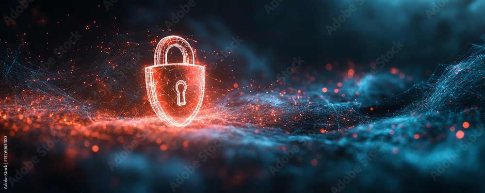 Aufkleber 3D rendering of a digital padlock and shield symbolizing data protection, surrounded by a digital fog, with a hightech abstract dark background for security