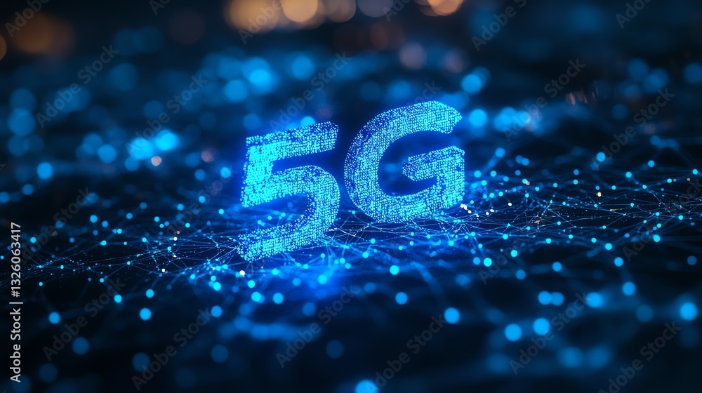 Poster 5G technology concept with glowing blue lines, interconnected nodes, and illuminated text on a dark, futuristic background, symbolizing highspeed data networks