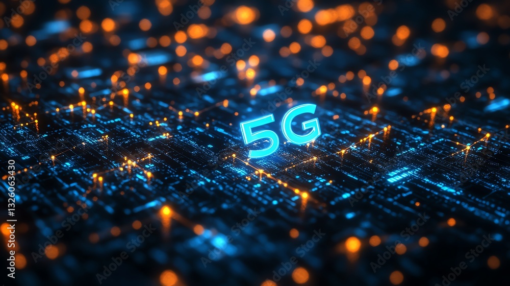 Poster 5G technology concept with glowing blue lines, interconnected nodes, and illuminated text on a dark, futuristic background, symbolizing highspeed data networks