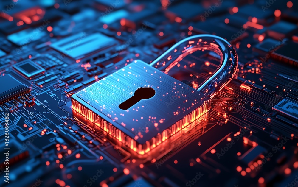 Poster advanced cyber protection concept featuring a padlock shield for information privacy, illuminated by