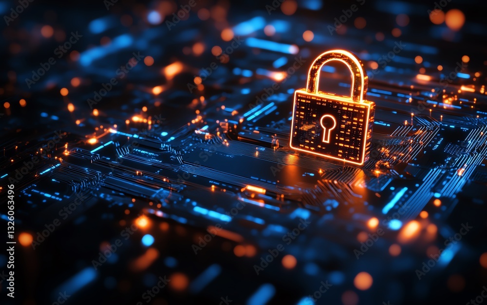 Aufkleber Advanced cyber protection concept featuring a padlock shield for information privacy, illuminated by soft neon glows in a dark, abstract digital environment