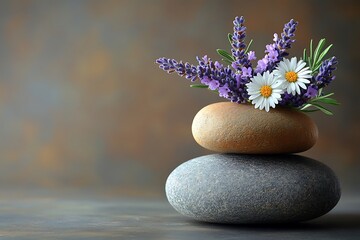 Three balanced stones adorned with flowers creating a serene still life