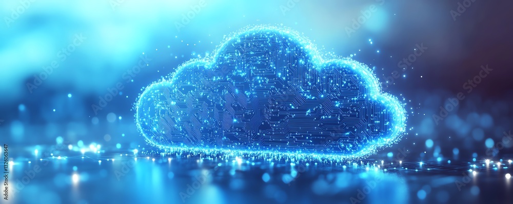 Poster blue cloud computing icon with a detailed circuit design, set on a light blue background, showcasing